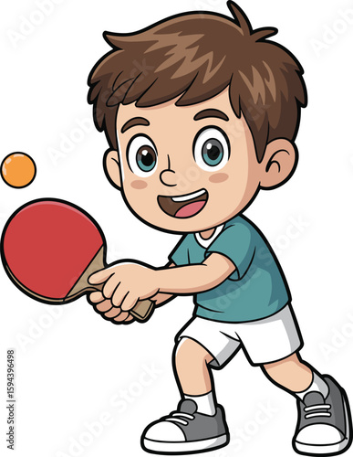 Cartoon boy playing table tennis, holding paddle and ball, sporty child in motion, fun kids activity illustration, energetic game artwork