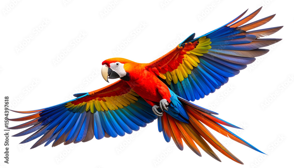 Fototapeta premium Vibrant colorful parrot in mid-flight, isolated on a transparent PNG background