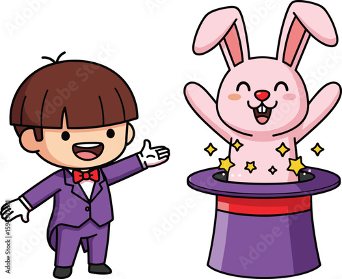 Cartoon magician performing magic trick with happy rabbit, colorful illustration, children entertainment design, purple hat show, adorable fun character art