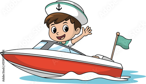 Cartoon sailor waving from red speedboat, wearing white hat with anchor, cheerful character, fun ocean scene, water splash, vector illustration