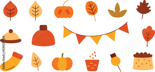 Vector art of a charming collection of autumnthemed illustrations featuring leaves, pumpkins, and cozy seasonal items isolated on transparent background.