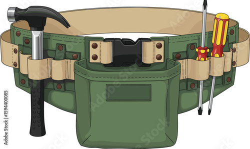 Green tool belt illustration with hammer and screwdrivers, pouch for construction, DIY handyman equipment, safety gear, vector utility drawing