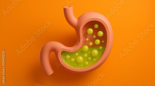 3D cartoon illustration of human stomach with green acid and gas bubbles on bright orange background representing bloating, indigestion, acidity, gastrointestinal discomfort, and digestive problems