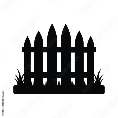 Silhouette of picket fence with grass minimal yard or home decor icon on white background
