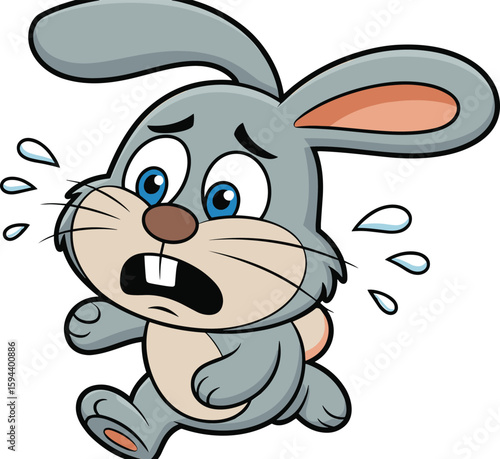 Scared cartoon bunny running fast, frightened expression with sweat, cute gray rabbit character, children’s illustration, vector art, emotional storytelling