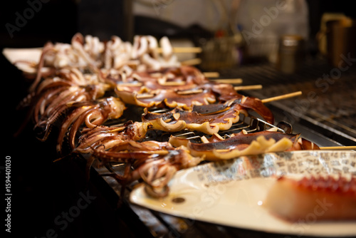 Grilled squids at Ningxia night market in Taipei close up