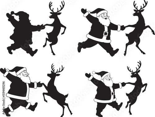 Four festive scenes of santa claus dancing with reindeer silhouette