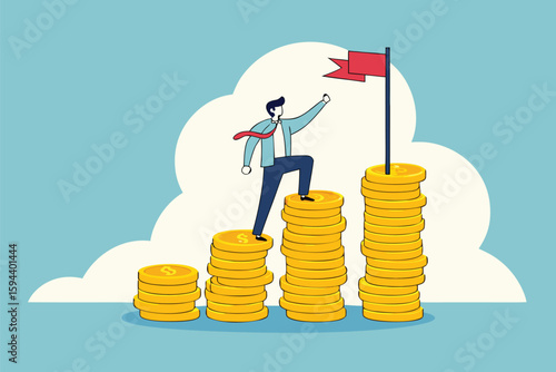 Flat illustration of businessman climb money coin stack to achieve red target flag financial goal achievement investment plan salary growth 