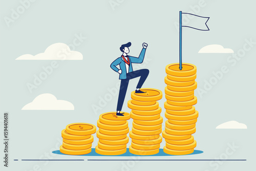 Flat illustration of businessman climb money coin stack to achieve red target flag financial goal achievement investment plan salary growth 