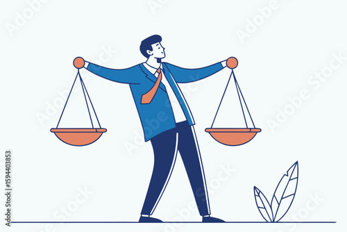 Flat illustration of Businessman compares scales to measure integrity and ethical decisions representing pros and cons