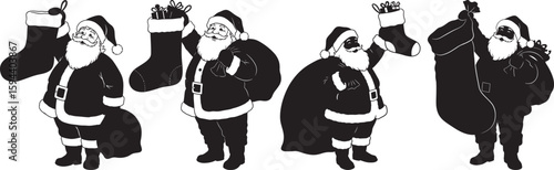 Four festive santa claus figures holding christmas stockings silhouette