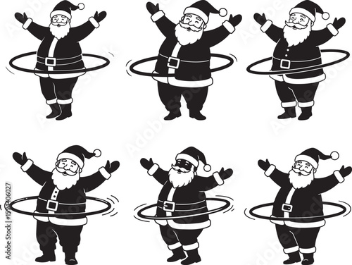 Six playful santa claus figures in silhouette performing with hula hoops