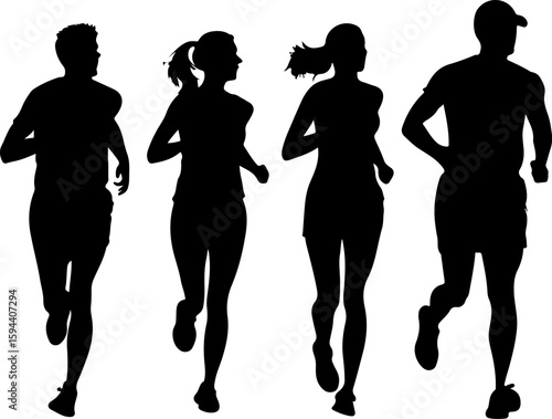 Four diverse runners in silhouette form a group during a race on a white background