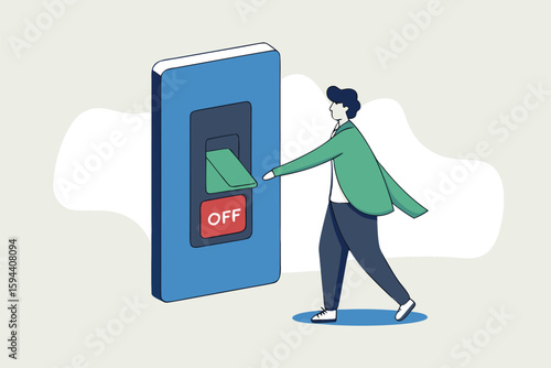 Flat illustration of businessman turning off giant switch to take break from work symbolizing digital detox burnout recovery and work-life balance 