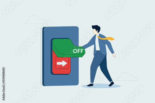 Flat illustration of businessman turning off giant switch to take break from work symbolizing digital detox burnout recovery and work-life balance 