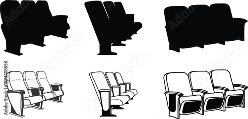 Silhouette Theater Chair Vector, Cinema Seat Clip art for Design.