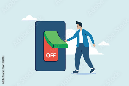 Flat illustration of businessman turning off giant switch to take break from work symbolizing digital detox burnout recovery and work-life balance 