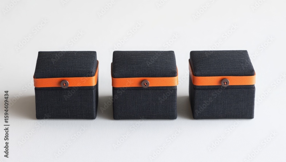 Obraz premium Three square fabric boxes, dark gray/charcoal color, with orange trim, small brown buttons