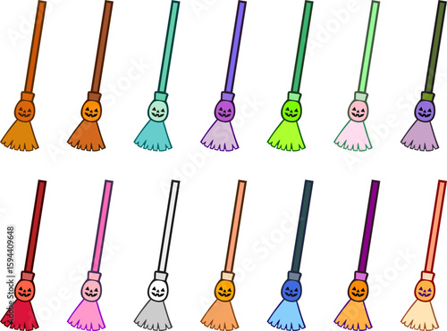 Jack-o'-Lantern Witch Broom Icon Set – 14 Halloween Color Variations
