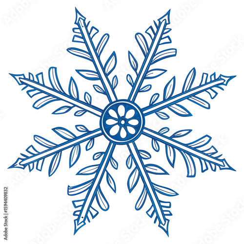 Intricate symmetrical arms snowflake, with fine detail, isolated for precise winter graphics.