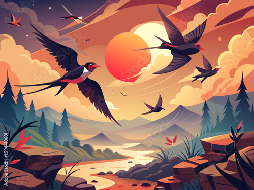 vector of Migration of swallows that fly slowly in a regular direction. In the background of the amazing foggy sunrise.