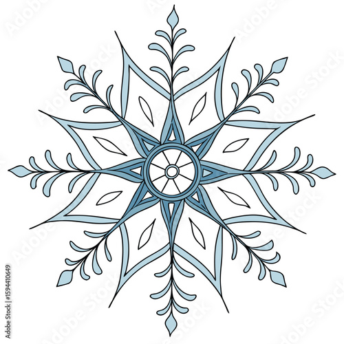 Lacy rose snowflake in pastel blue and silver, intricate for delicate winter art.