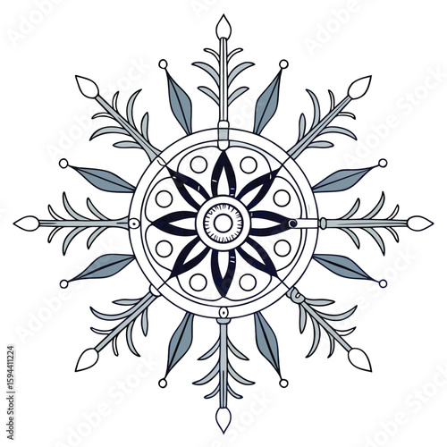 Detailed symmetrical arms mandala snowflake, subtle design for delicate winter visuals.
