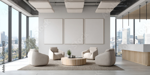 Fototapeta Naklejka Na Ścianę i Meble -  modern office interior with large three large blank white frame on gray wall, with city skyline view, four, clean minimal corporate style, bright natural daylight. 3d illustration.