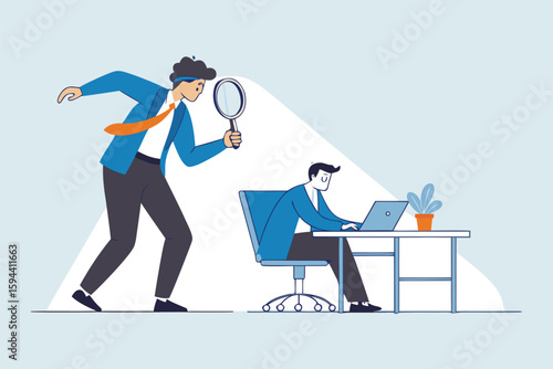 Flat illustration of micromanaging boss toxic manager use magnifying glass to monitoring employee excessively 