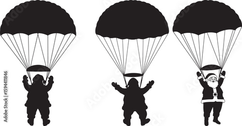 Four diverse santa claus descending with parachutes in a striking black and white silhouette