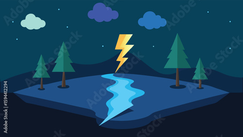 3D Flash Flood at Night with Lightning and Broken Elements