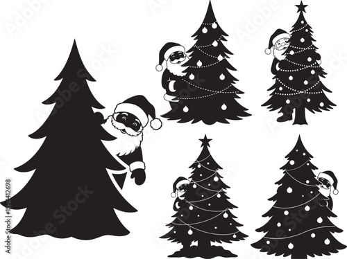Collection of christmas trees with santa claus peeking silhouette