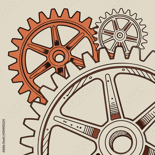 Mechanical gear vector background, overlapping cogs in rusty orange and gray