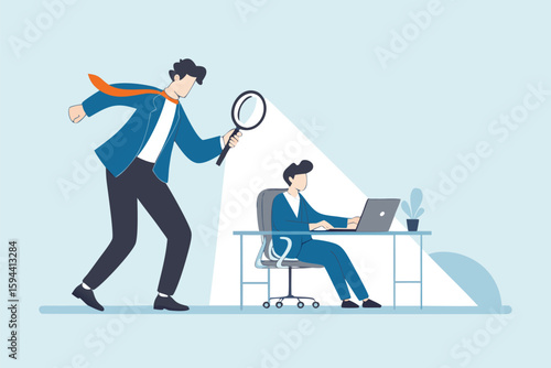 Flat illustration of micromanaging boss toxic manager use magnifying glass to monitoring employee excessively 