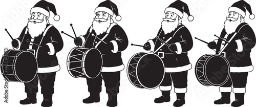 Four santa claus figures playing drums in a classic silhouette style