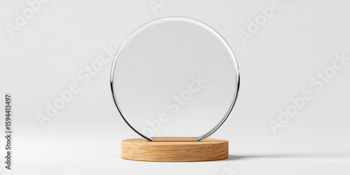 A blank glass circular award with a wooden base on a white background. mockup award. 3d illustration. 