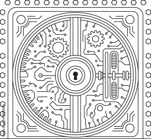 Abstract Technology Vault:  Cybersecurity,  Gear, Circuit Board, Line Art, Monochrome Design, safe, security, technology, cybersecurity, security system