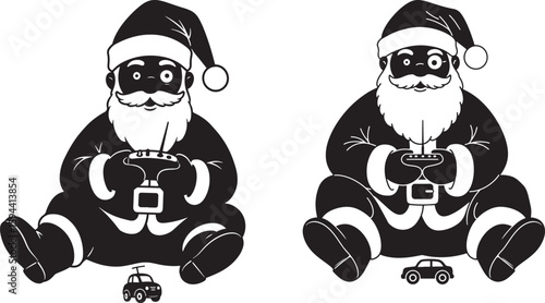 Two black santas sitting and holding rc car controllers silhouette