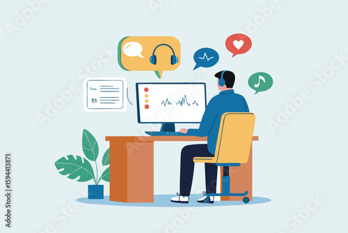 Flat illustration of remote consultant reviewing support tickets and notifications with headset and computer at home office desk 
