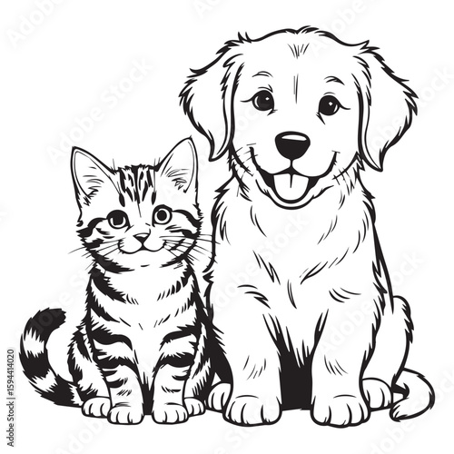 Adorable Dog and Cat Line Drawing – Pet Coloring Page Art