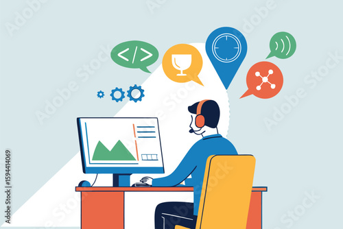 Flat illustration of remote consultant reviewing support tickets and notifications with headset and computer at home office desk 