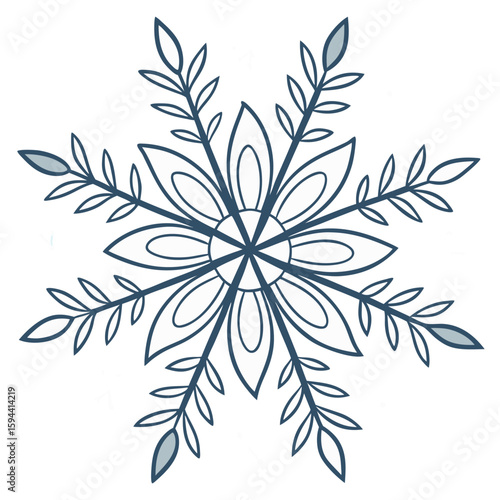 Symmetrical daisy snowflake in silver and pastel blue, for charming winter designs.
