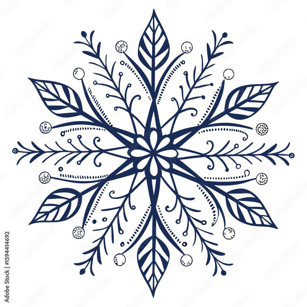 Fototapeta premium Elegant symmetrical floral snowflake isolated on a clean background, for sophisticated winter decor.
