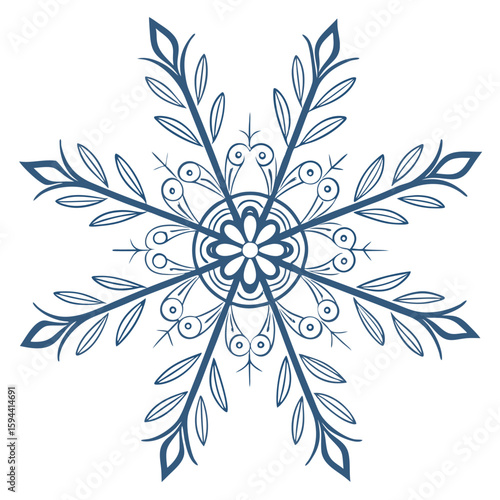 Symmetrical rose snowflake in silver and pastel blue, with thin lines for elegant winter designs.
