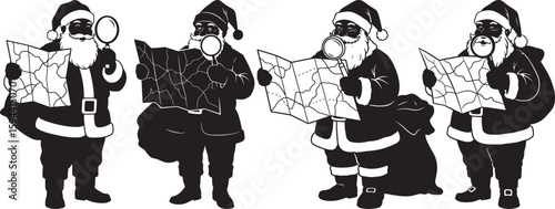 Four santa claus figures in silhouette reading christmas carols together silhouette