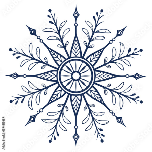 Unique circular mandala snowflake with fine detail, for elegant winter graphic designs.