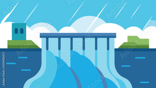 Dam Overflowing Vector Illustration Heavy Rain and Powerful Water Design