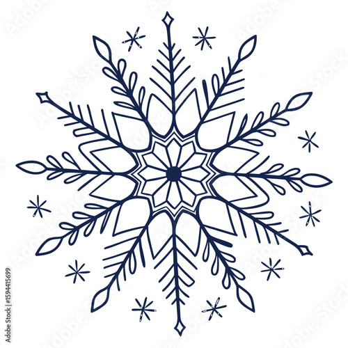 Unique circular snowflake with thin lines, a graphic illustration for modern winter art.