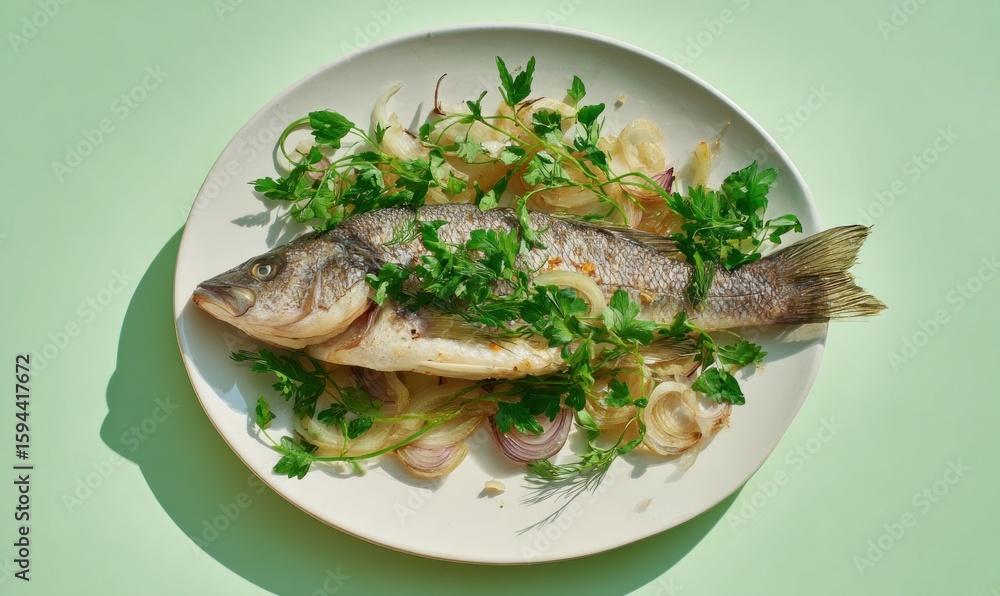 Baked fish dish on plate Baked fish dish on plate