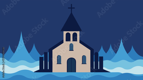 Flooded Church Vector Illustration During a Heavy Storm with Water